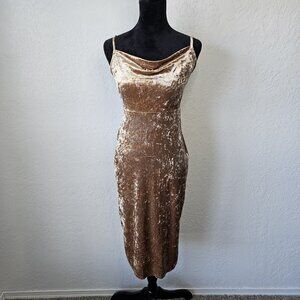Vtg Y2K Forever 21 Crushed Velvet Midi Dress Tan Sz Med fairycore